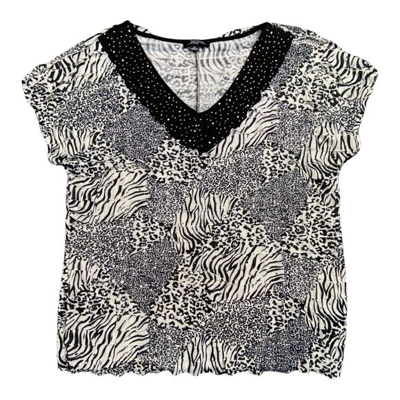 Notations Blouse Womens 1X Plus‎ Size Ruffled Sequin Top Zebre Cheetah Print - Picture 1 of 12